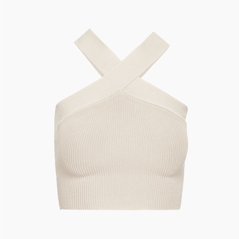 Babaton Beige Ribbed Cross-Front Halter Top